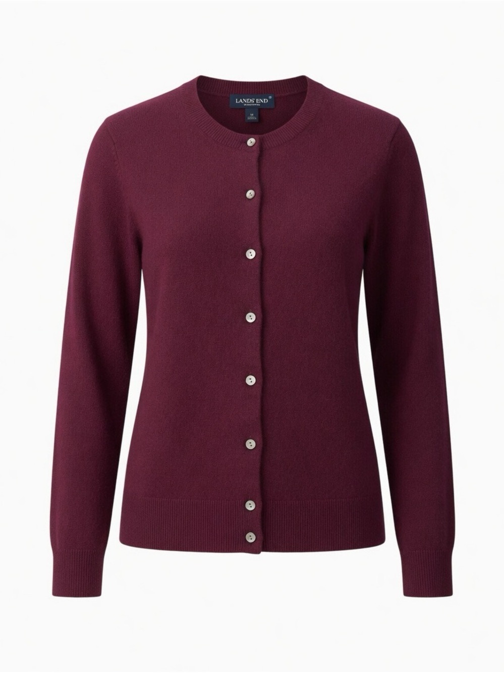 Lands' End Women's Burgundy Crewneck Button-Front Cardigan Set 100% Cashmere